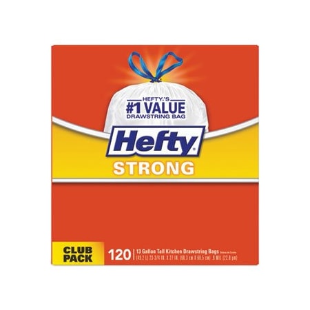 Reynolds Hefty, STRONG TALL KITCHEN DRAWSTRING BAGS, 13 GAL, 0.9 MIL, 34in X 48in, WHITE, 90PK E84574